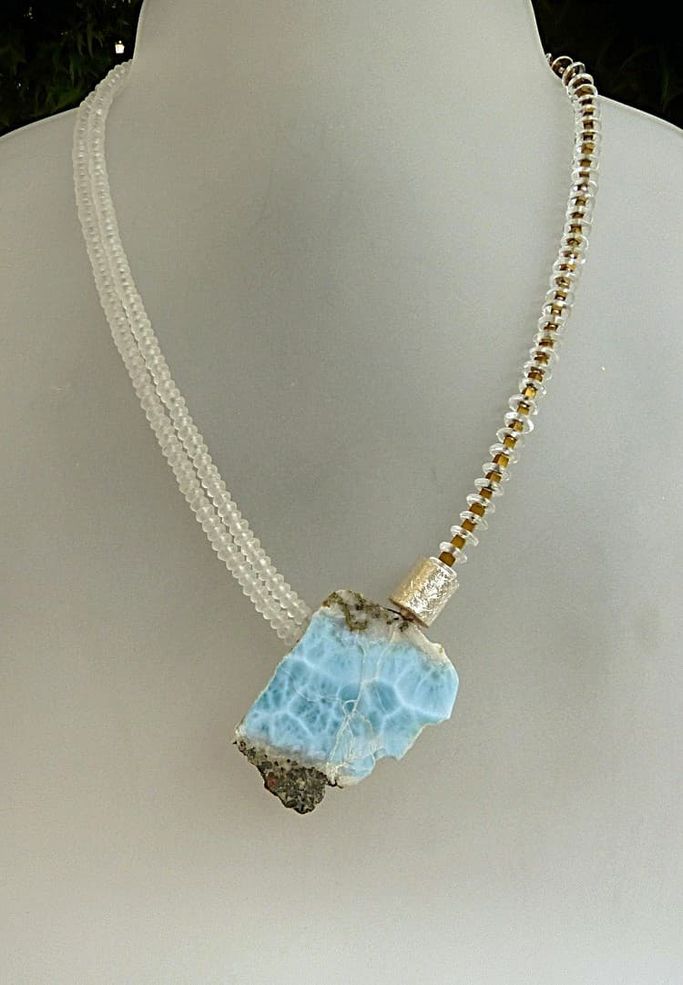 12786-Ypsilonkette-430€-45cm-Larimar 4,4cm lang-Bergkristall-galvanisierter Hämatin-Silber