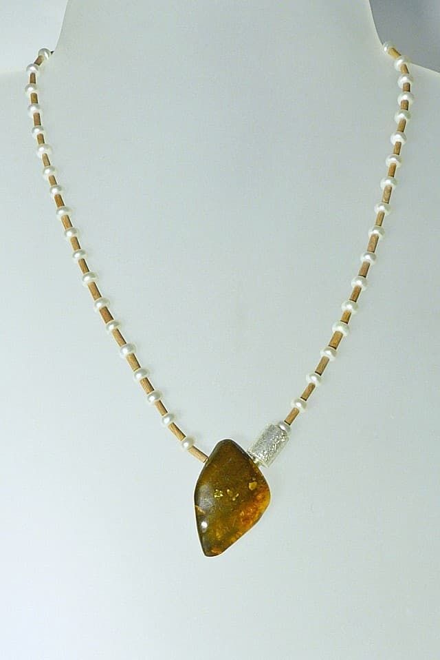 12491-Ypsilonkette-185€-44,5cm-Naturbernstein-Rosenholz-Süßwasserzuchtperlen 6mm-Silber