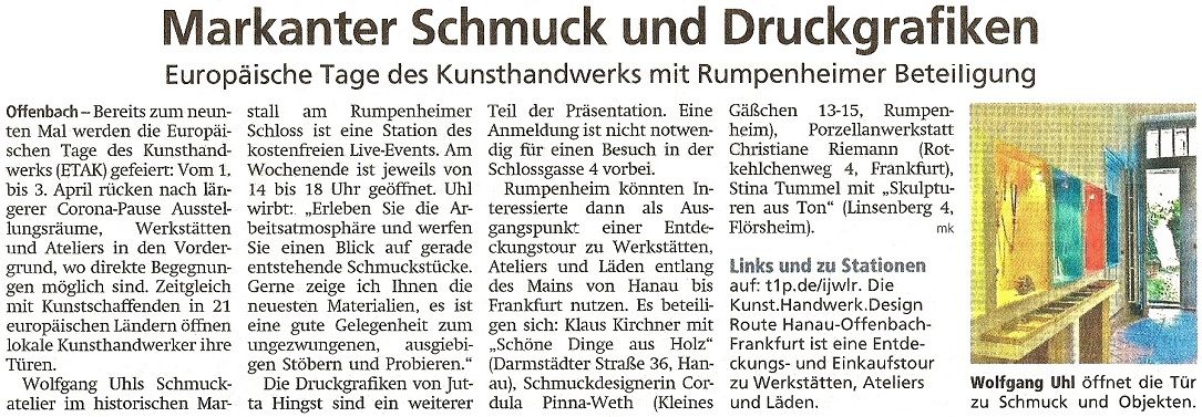 Wir beteiligen uns im SCHMUCKatelier an den Europäischen Tagen des Kunsthandwerks