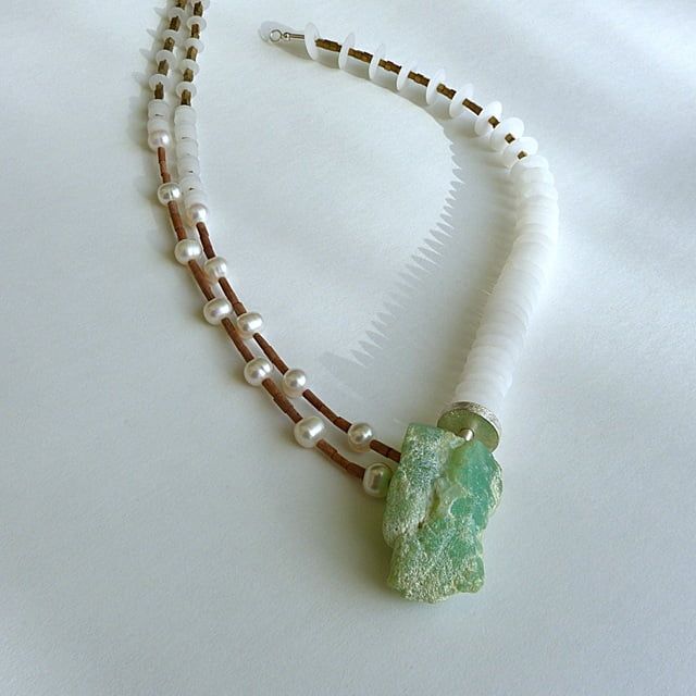 12158-Ypsilonkette-430€-45,5cm-Chrysopras, Gläsendorf-weiße Jade-galvanisierter Hämatin-Rosenholz-Süßwasserzuchtperlen-Silber