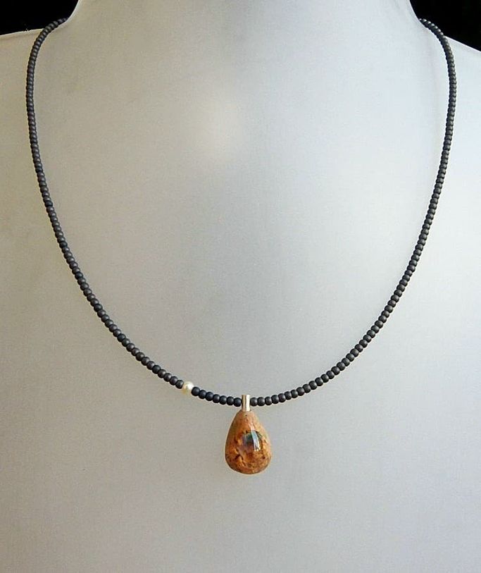 12337-Anhänger-Kette-156€-42,5cm-Opal in Matrix-Hämatin-Süßwasserzuchtperle-Silber