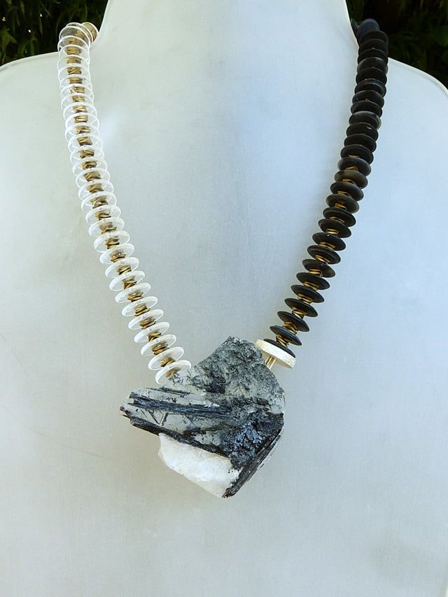 12359-Ypsilonkette-420€-46cm-Turmalinquarz-Onyx-Bergkristall-Hämatin galvanisiert-Silber