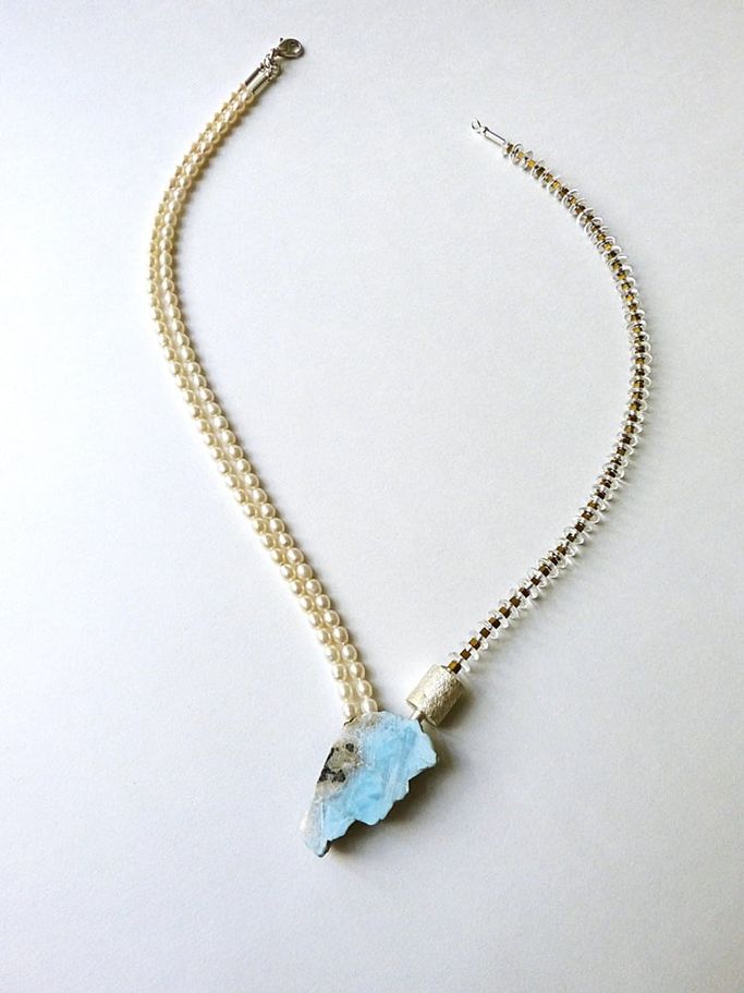 12120-Ypsilonkette-455Euro-50cm Halsweite-Larimar ca. 4cm lang-Bergkristall-galvanisierter Hämatin-Silber