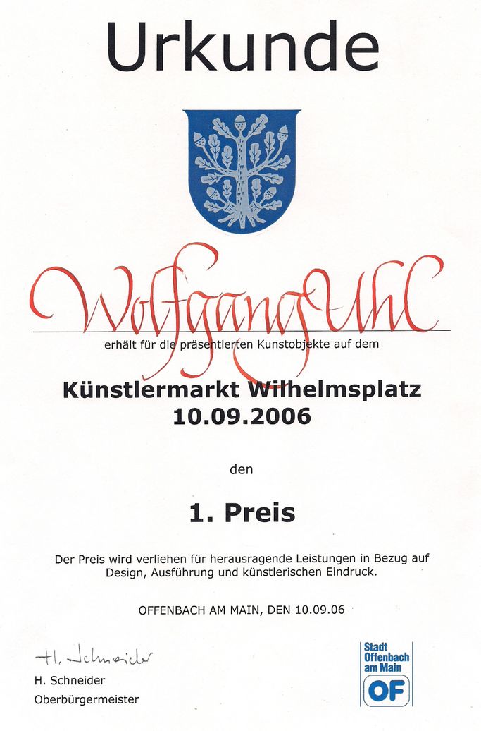 1. Preis für Wolfgang Uhl beim Offenbacher Künstlermarkt