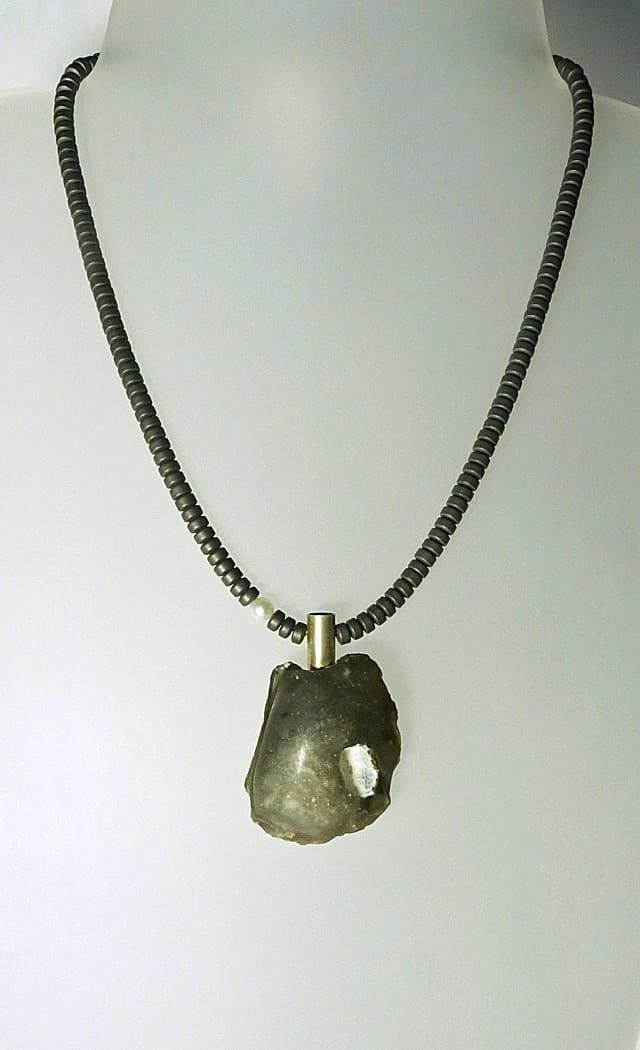 12122-Anhänger-Kette-147€-43cm-Feuerstein-Hämatin-Süßwasserzuchtperle-Silber