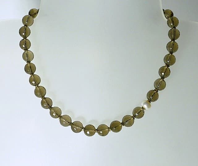 12528-Kette-149€-45cm-Rauchquarz 10mm-Zuchtperle-Hämatin galvanisiert-Silber