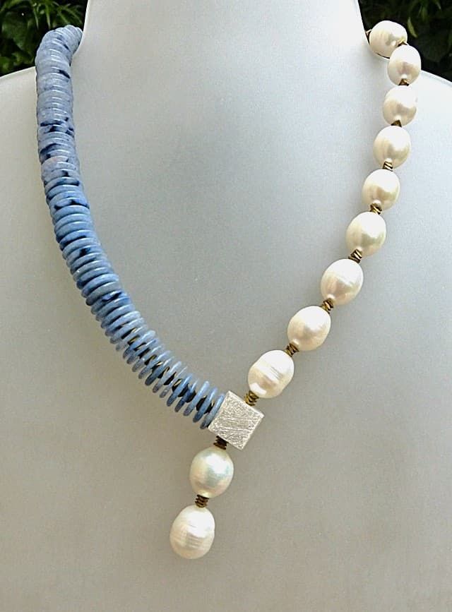 12316-Ypsilonkette-275€-44,5cm-Süßwasserzuchtperlen-Blauquarz-Hämatin galvanisiert-Silber