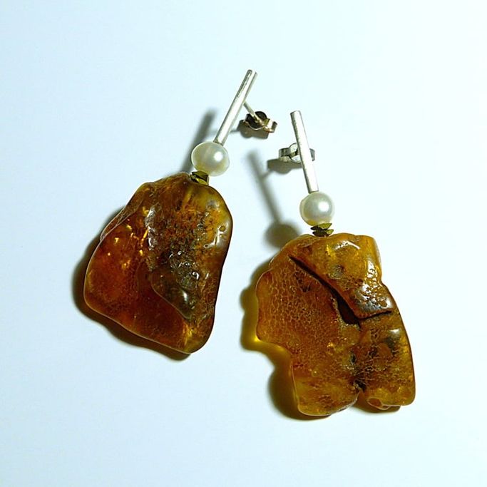 12042-Ohrschmuck-160€-5,5cm-Bernstein-Süßwasserzuchtperlen- Hämatin galvanisiert-Silber