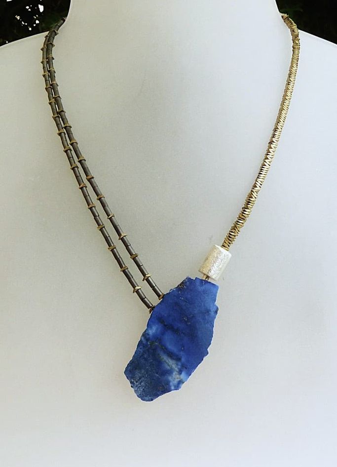12593-370€-43,5cm-Lapislazuli 5cm lang-Hämatin mit Titan galvanisiert-Hämatin-Silber
