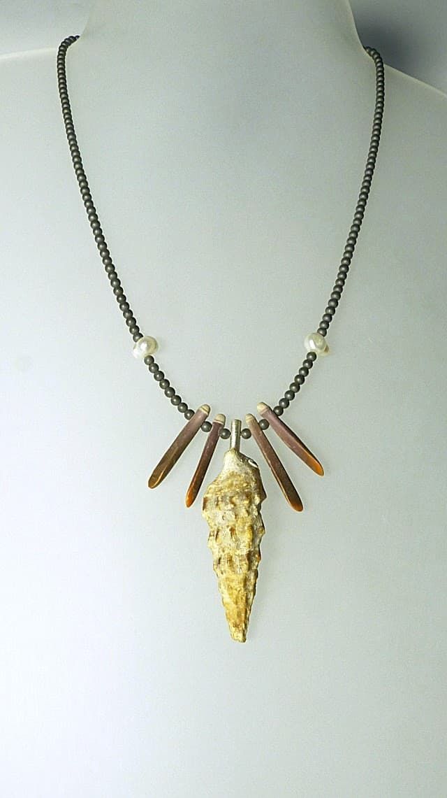 12140-Anhänger-Kette-110€-47,5cm-Wasserschnecke-Seeigelstacheln-Hämatin-Süßwasserzuchtperlen-Silber