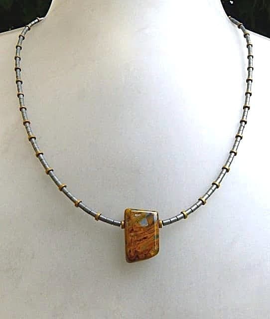 12241-Anhänger-Kette-130€-43,5cm-Pietersit-Hämatin-Hämatin galvanisiert-Silber