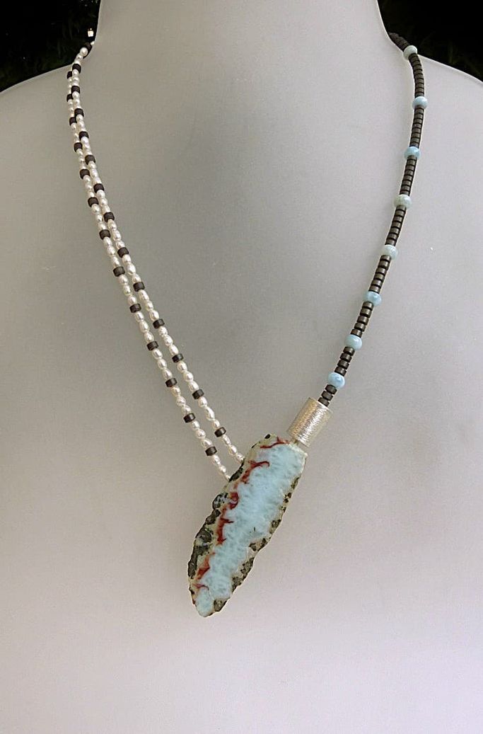 12795-Ypsilonkette-430€-45,5cm-Larimar 5,2cm lang-Süßwasserzuchtperlen-Hämatin-Silber