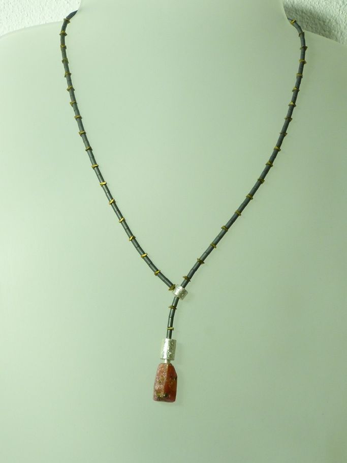 12418-178€-44,5cm-Rubin Kristalle-Rhodolith Granat-Hämatin-Hämatin mit Titan galvanisiert-Silber