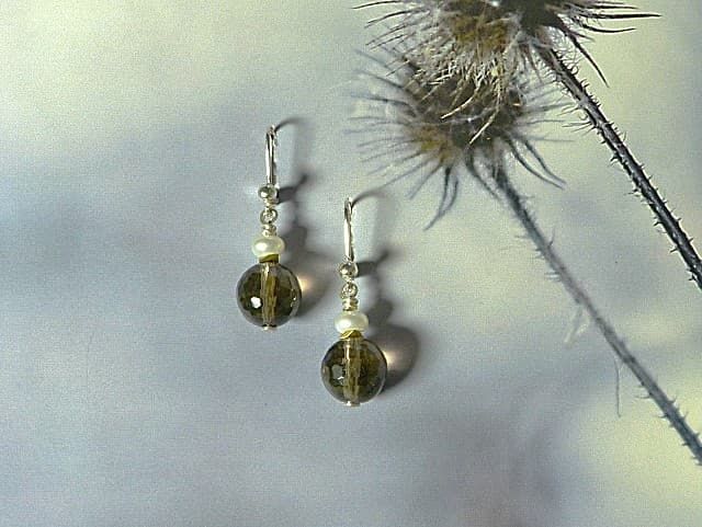12623-Ohrschmuck-82€-3,2cm-Rauchquarz-Süßwasserzuchtperle-Hämatin galvanisiert-Silber